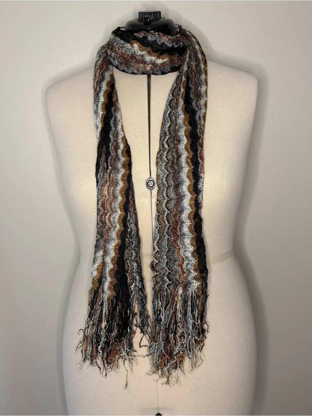 Striped Textured Fringe Scarf in Brown, Black & Gray